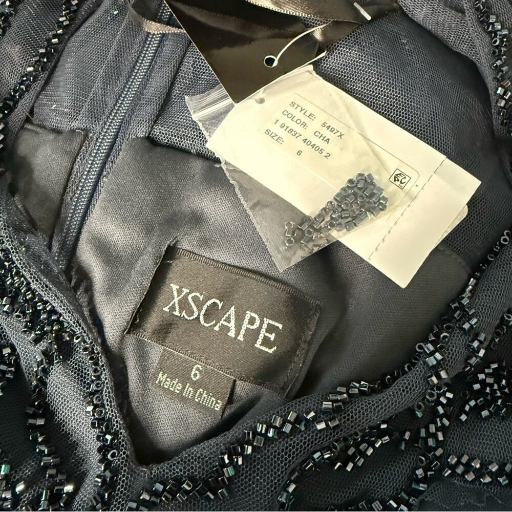 XSCAPE Beaded Illusion-Trim Side-Ruched Gown Charcoal Women’s NWT - Picture 9 of 14